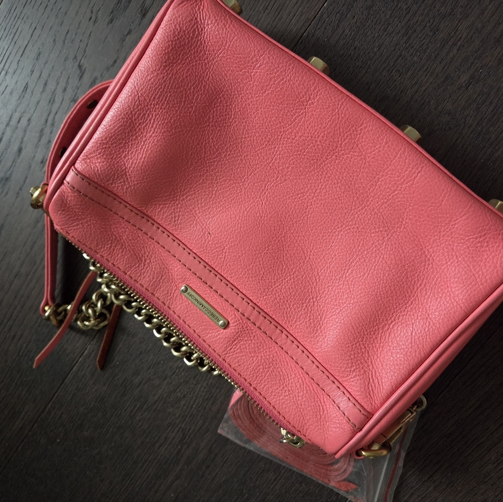 Rebecca Minkoff Coral Pink Leather Crossbody Bag Gold Chain - Picture 2 of 16